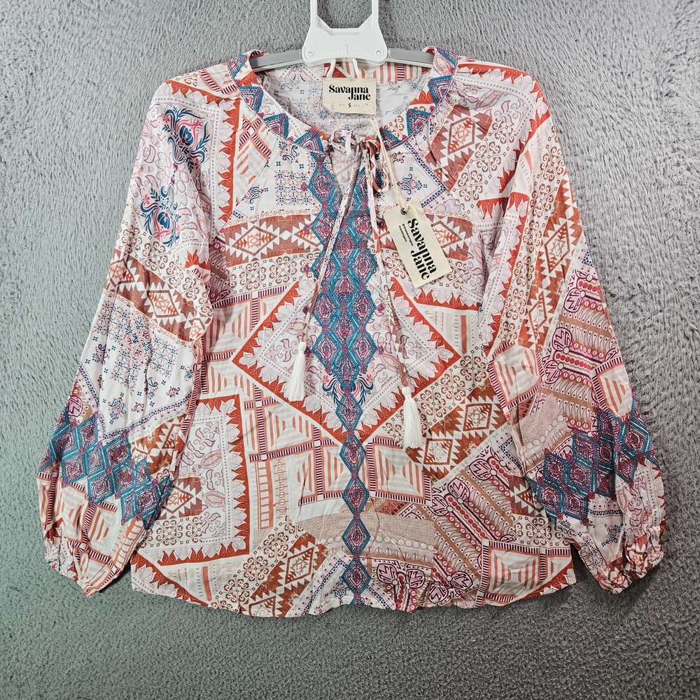 NEW Savanna Jane Top Blouse Women Small Embroidered Long Sleeve White Red Brown